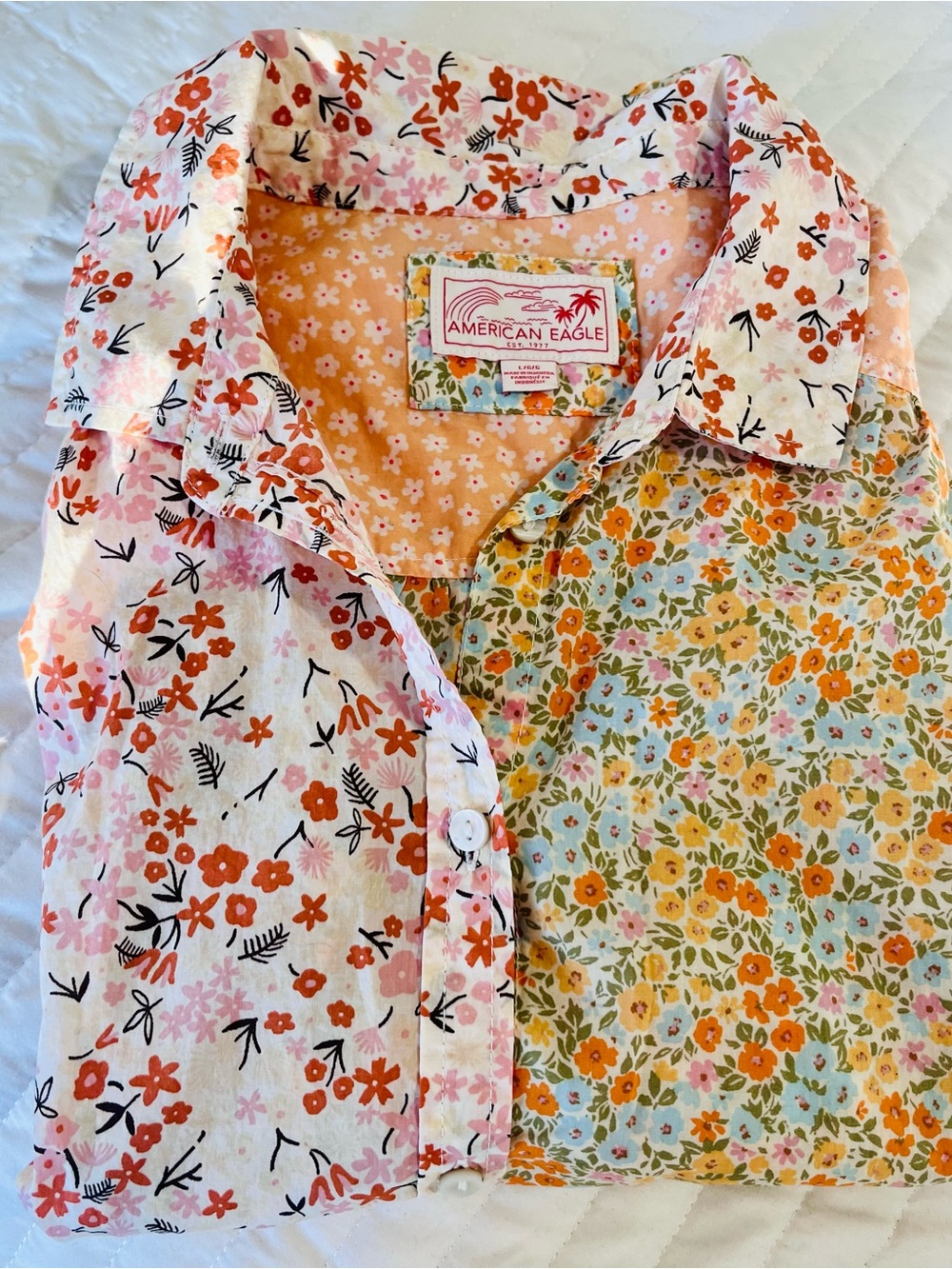 American Eagle Oversized Resort Shirt Mixed Floral Patchwork - Sz L (fits XL)
